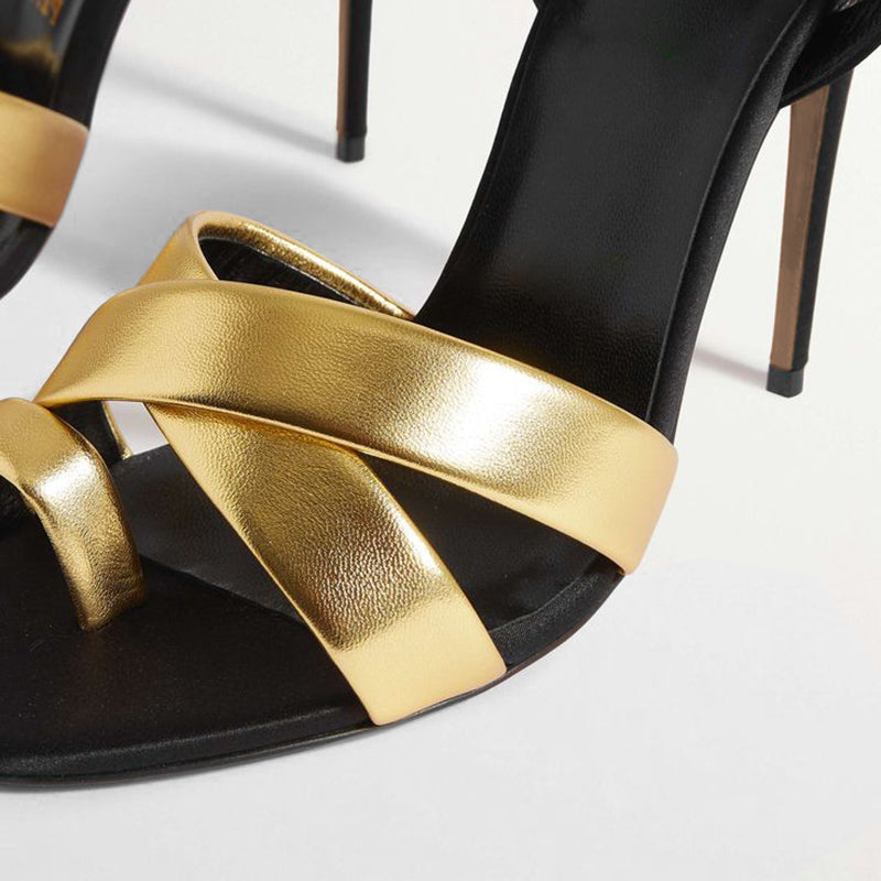 Black and Gold Ankle Strap Heels Stilettos Toe Loop Sandals for Women