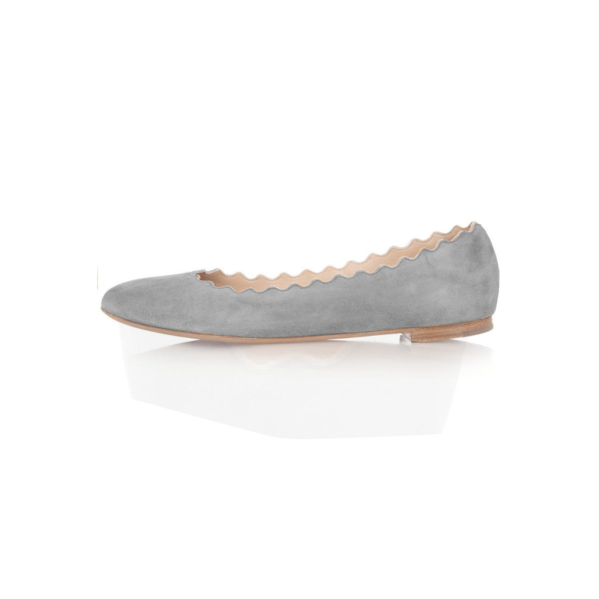 Grey Vegan Suede Round Toe Scalloped Flats for Women