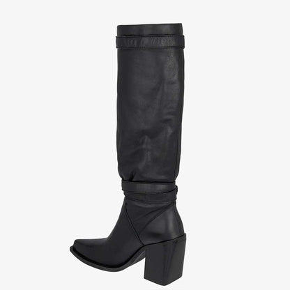 Black Vegan Leather Pointed Toe 3__ Chunky Heel Knee High Boots