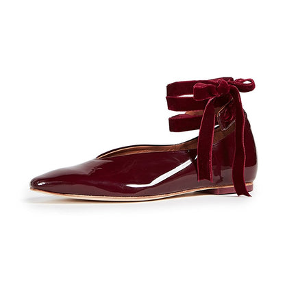 Burgundy Patent Leather Comfy Velvet Strap Lace Up Flats