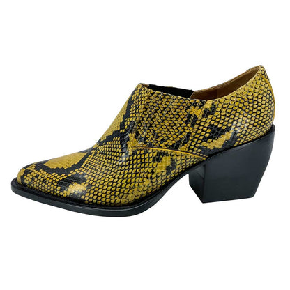 Yellow & Black Snake Embossed Almond Toe Chunky Heeled Ankle Boots