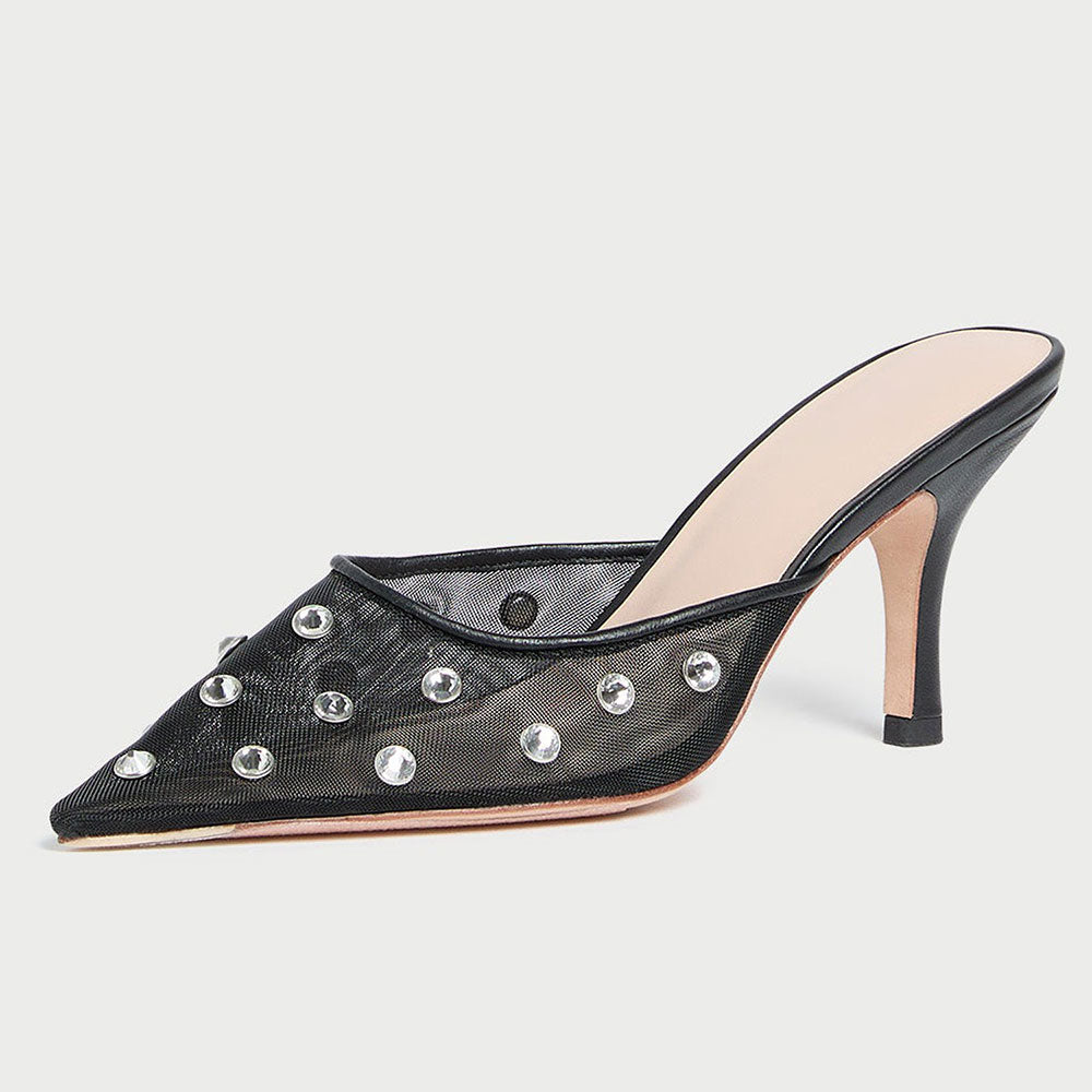 Women's Black Pointed Toe Rhinestone Embellished Mesh Mule Heels
