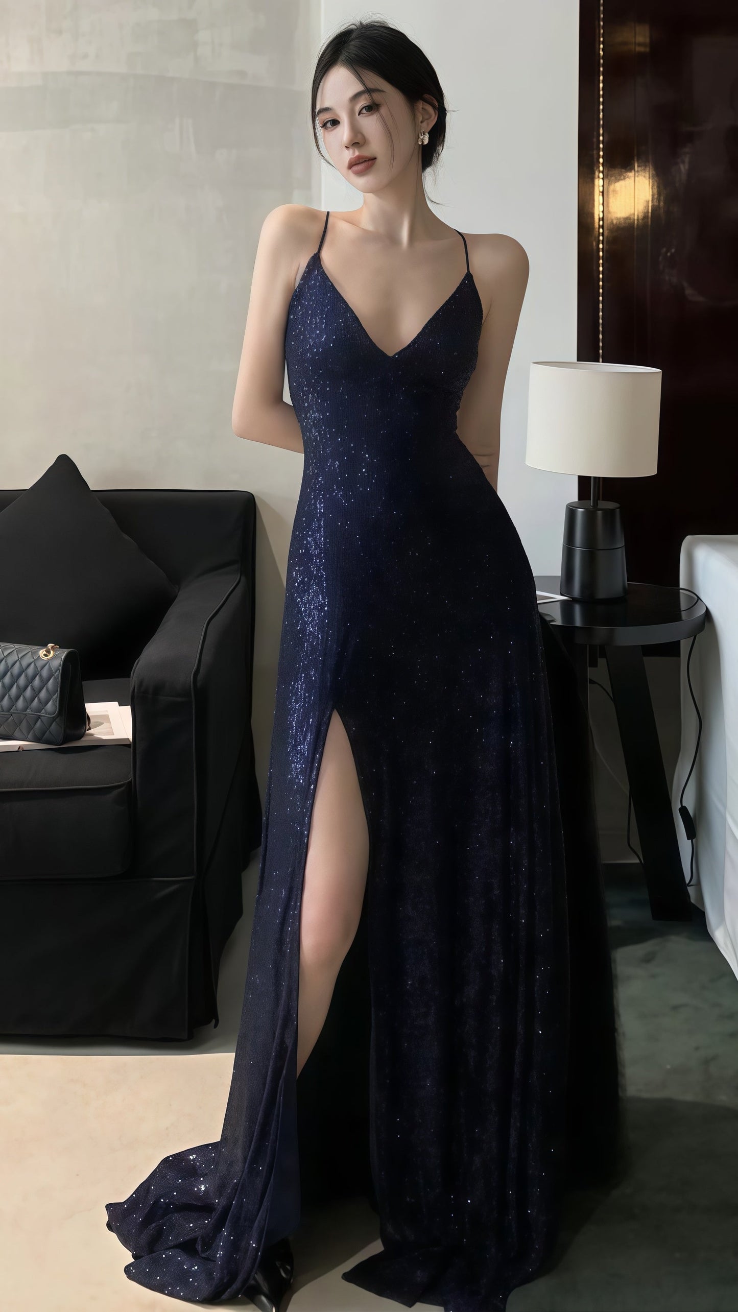 Navy Blue Sequin Mermaid Prom Dress V-Neck Cross Back Long Evening Gown