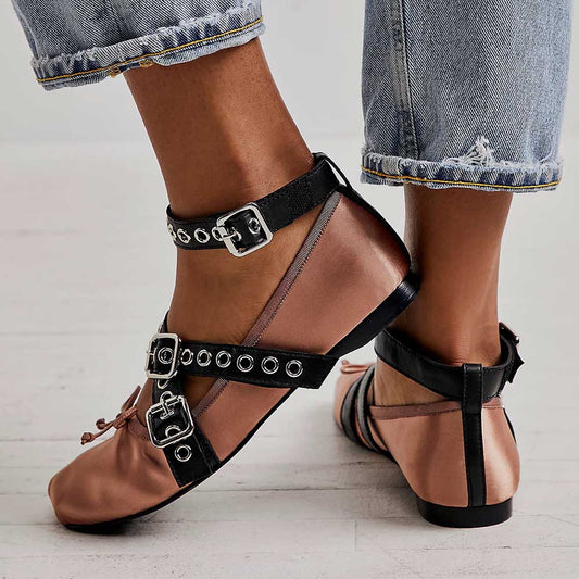 Pink Satin Square Toe Buckle Grommet Strap Ballet Flats with Bow