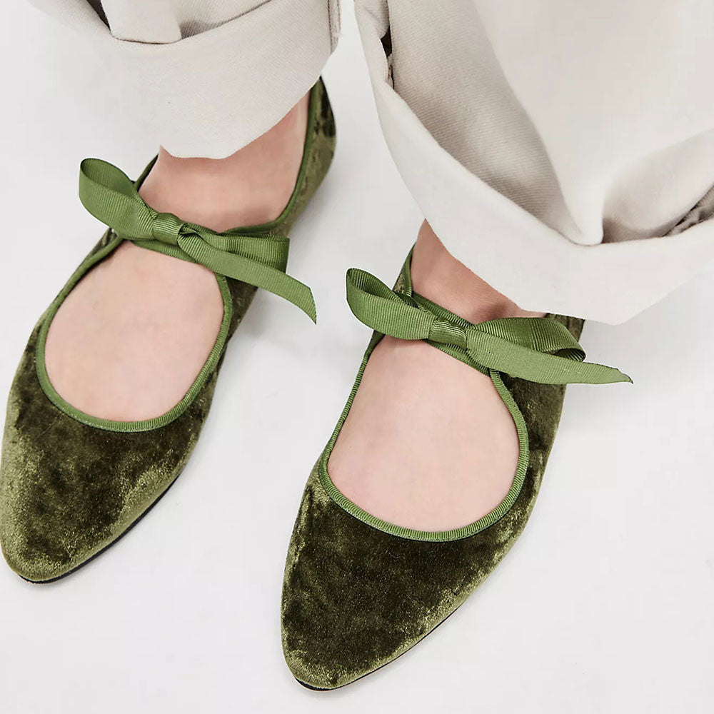 Green Velvet Almond Toe Bow Strap Decor Ballet Flats for Women