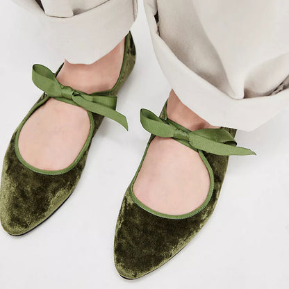 Green Velvet Almond Toe Bow Strap Decor Ballet Flats for Women