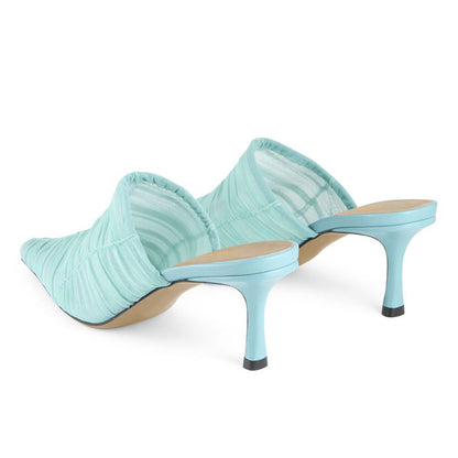 Women's Pale Turquoise Tulle Pointed Toe Casual Stiletto Heeled Mules