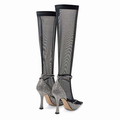 Black Mesh Rhinestone Crisscross Straps Flared Heel Knee High Boots