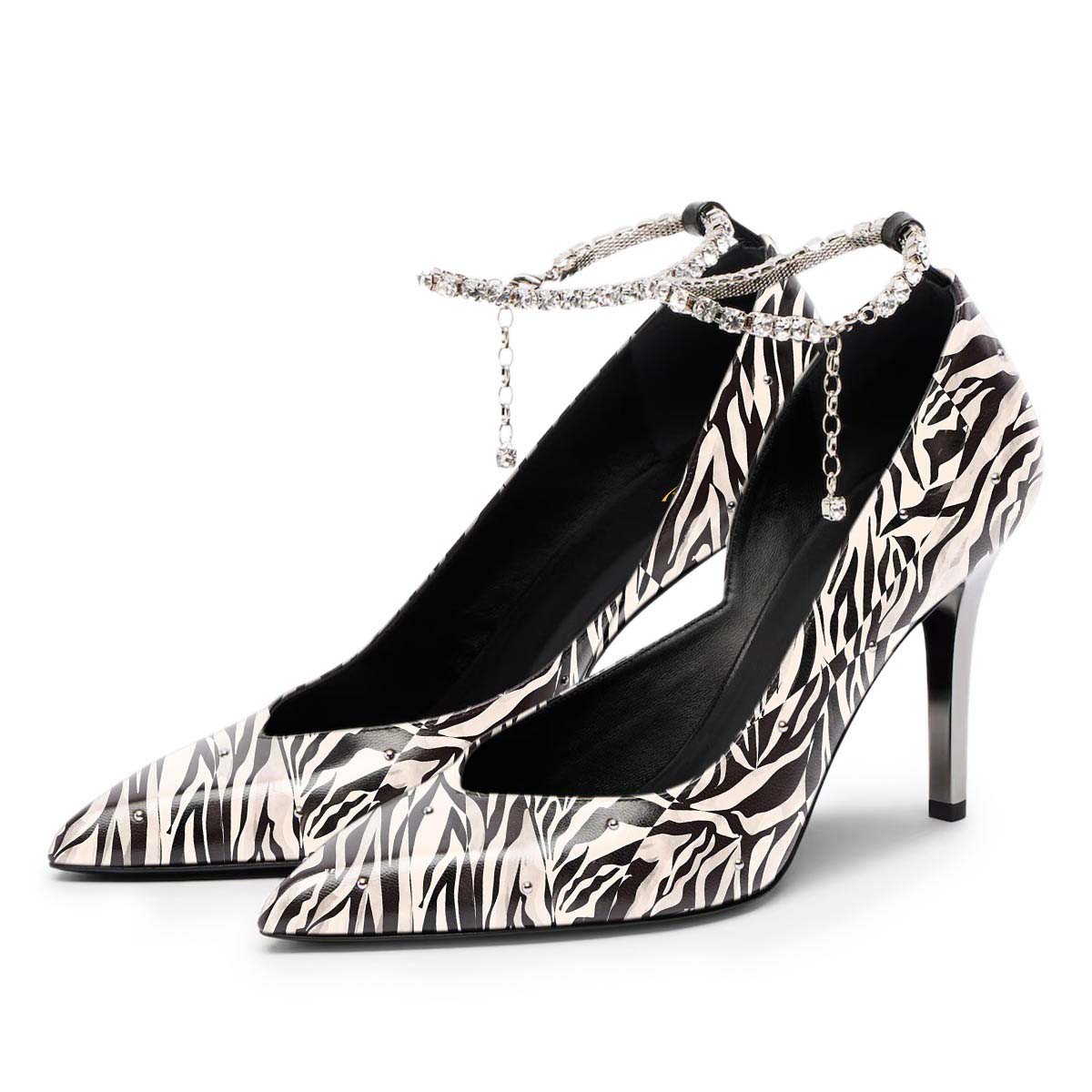 Zebra Print Rhinestone Chain Pointed Toe Studded Pumps Heels