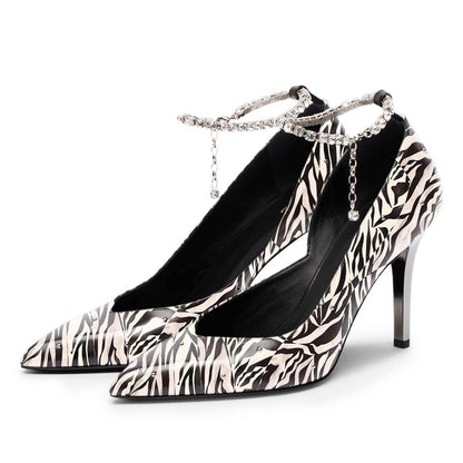 Zebra Print Rhinestone Chain Pointed Toe Studded Pumps Heels