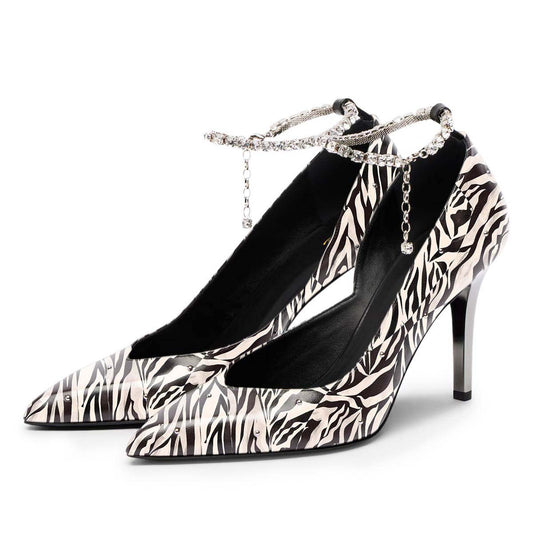 Zebra Print Rhinestone Chain Pointed Toe Studded Pumps Heels