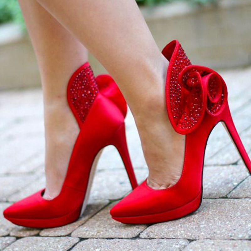 Women's Red Satin Platform Pumps Elegant Pointy Toe Rhinestone Heels