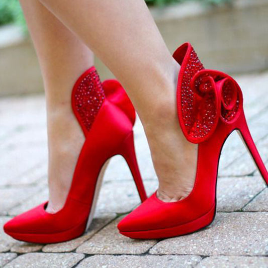 Women's Red Satin Platform Pumps Elegant Pointy Toe Rhinestone Heels
