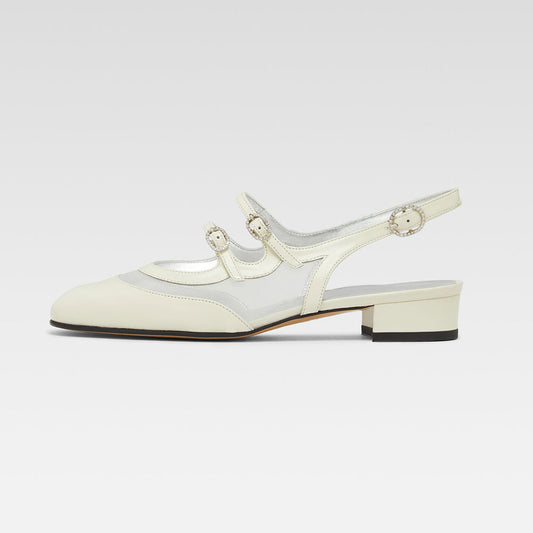 White Mesh Rhinestone Buckle Straps Mary Jane Flats with Slingback