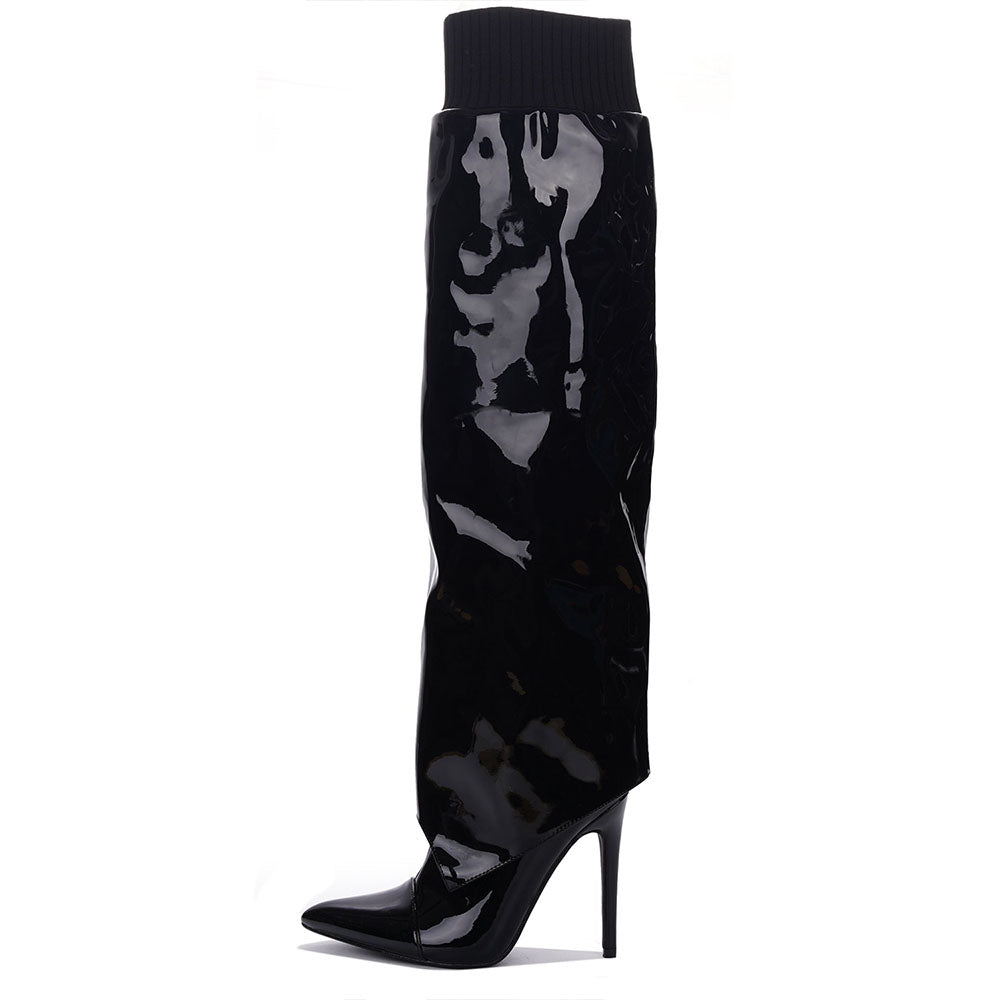 Black Patent Leather Fold-Over Knee High Boots with Stiletto Heels