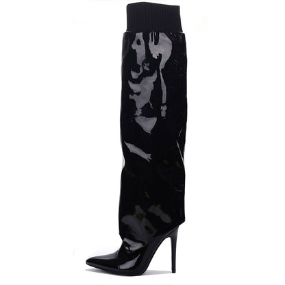 Black Patent Leather Fold-Over Knee High Boots with Stiletto Heels