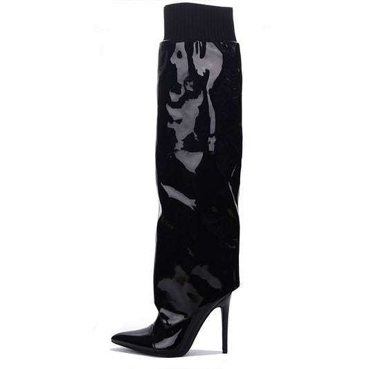 Black Patent Leather Fold-Over Knee High Boots with Stiletto Heels
