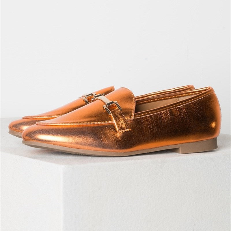 Orange Metallic Closed-Toe Fashion Horsebit Women's Loafers