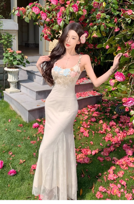 Vintage Fashion Floral Mesh Design Elegant Beach Holiday Mermaid A-line Spaghetti Strap Dress TP3359