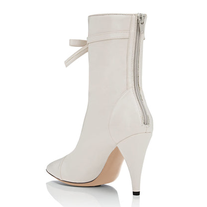 Ivory Pointy Toe Cone Heel Bow Mid Calf Boots