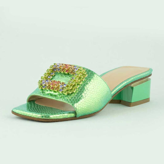 Women's Green Square Toe Block Heel Mules Shoes with Rhinestone