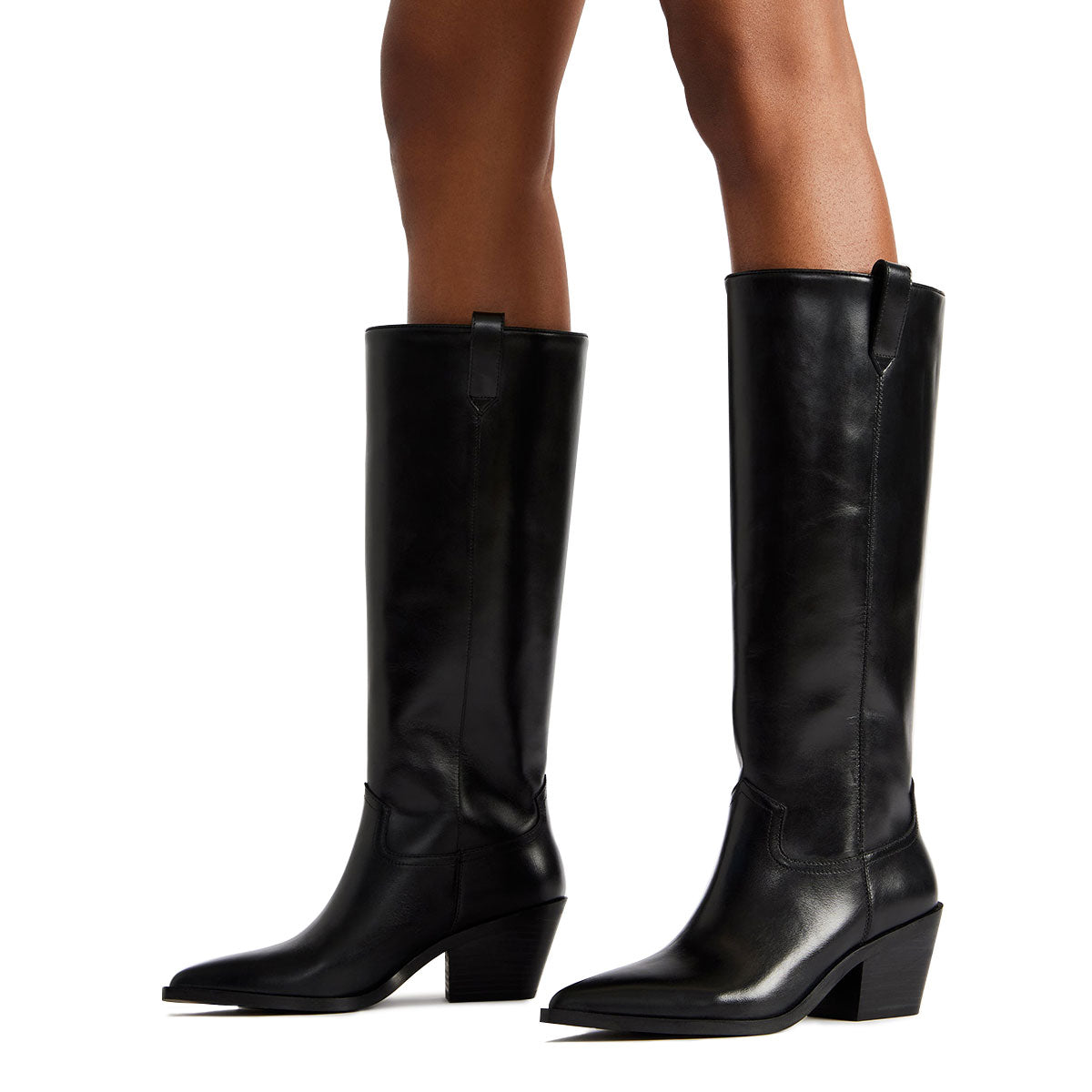 Black Vegan Leather Pointed Toe Chunky Heel Knee High Boots for Women