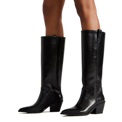 Black Vegan Leather Pointed Toe Chunky Heel Knee High Boots for Women