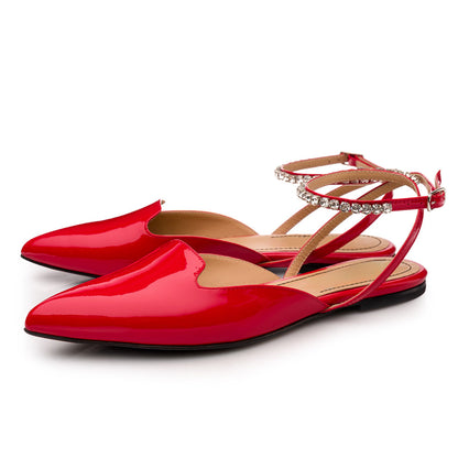 Red Patent Leather Closed Pointy Toe Rhinestone Ankle Strap Flats