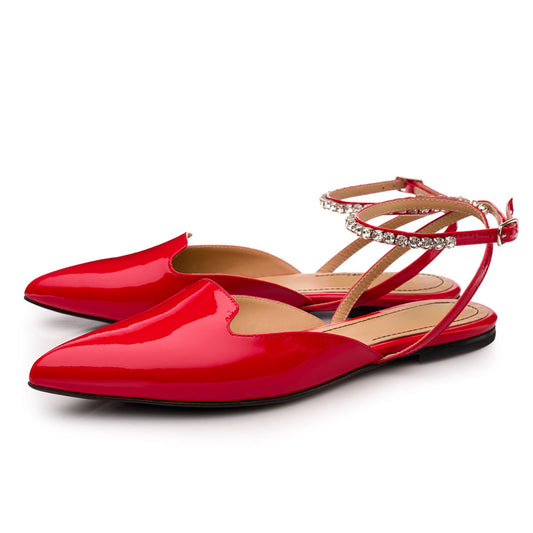 Red Patent Leather Closed Pointy Toe Rhinestone Ankle Strap Flats