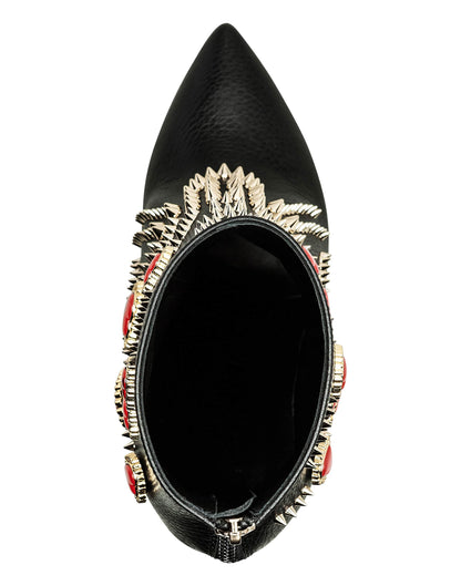 Black Pointed Toe Red Heart Studded Stilettos Ankle Boots with Zipper