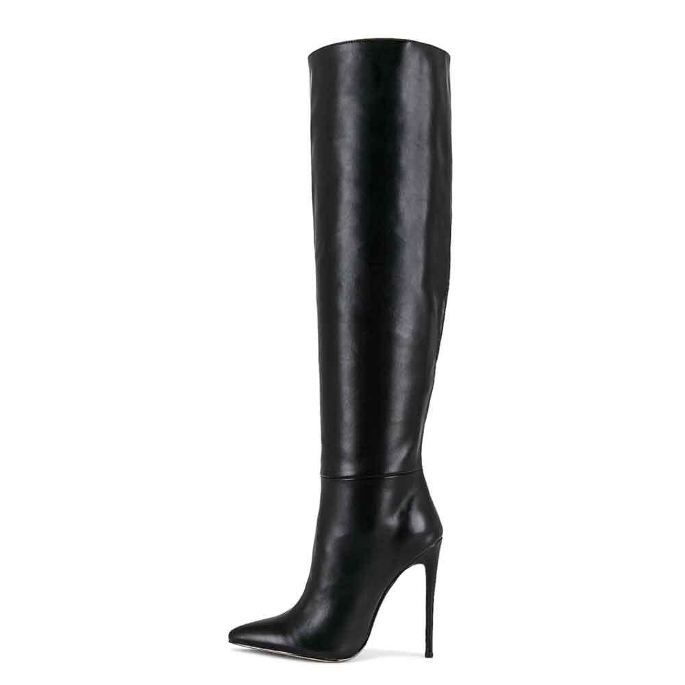 Black Wide Calf Knee High Boots with Stiletto Heels