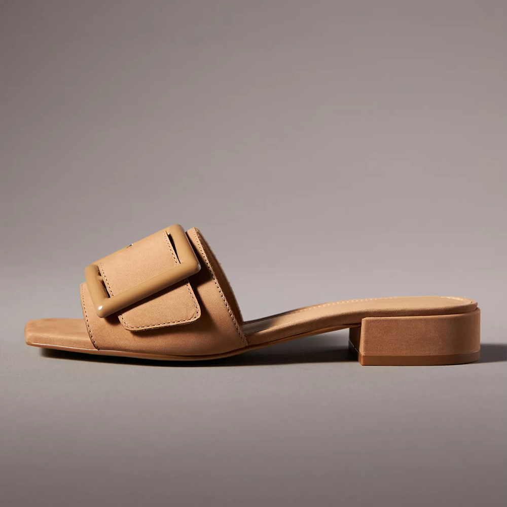 Beige Square Toe Chunky Heel Buckled Wide Band Mules