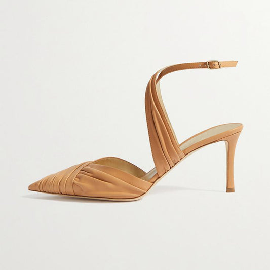 Nude Ruched Front Pointed Toe Crisscross Straps Pumps Heels for Women