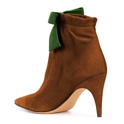 Women's Vegan Suede Pointed Toe Bowknot Decor Heeled Ankle Boots