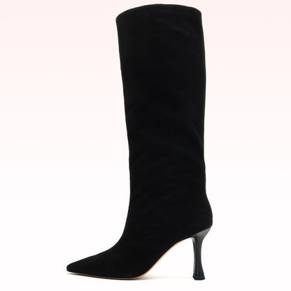 Women's Vegan Suede Pointed Toe Flared Heel Black Tall Boots
