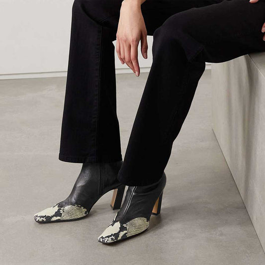 Black Square Toe Chunky Heel Python Patchwork Ankle Boots for Women