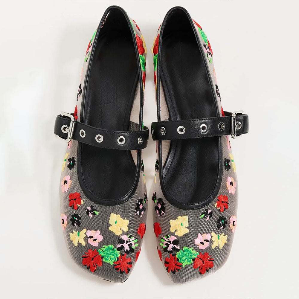White Mesh Multi Color Floral Embroidery Buckle Strap Mary Jane Flats