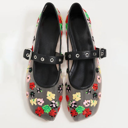 White Mesh Multi Color Floral Embroidery Buckle Strap Mary Jane Flats