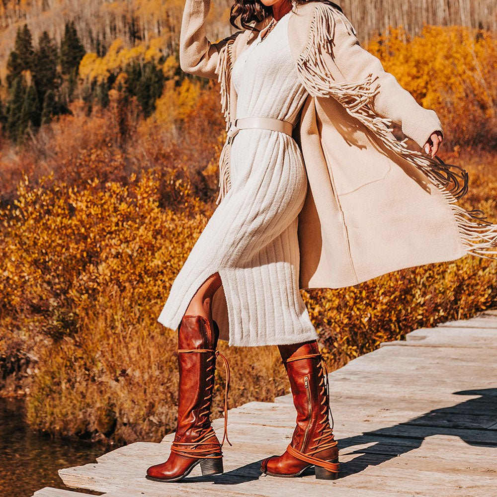 Brown Round Toe Chunky Heel Lace Up Vintage Knee High Boots