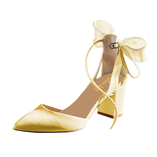 Yellow Satin Pearls Bow Pointed Toe Chunky Heel Buckle Pumps for Women