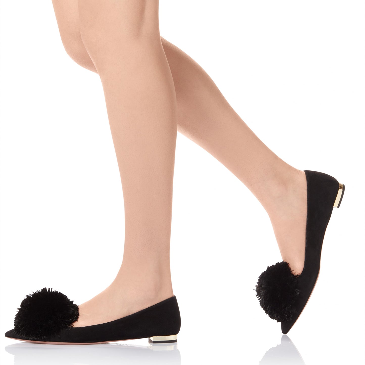 Black Cute Pom Pom Shoes Vegan Suede Pointy Toe Casual Flats