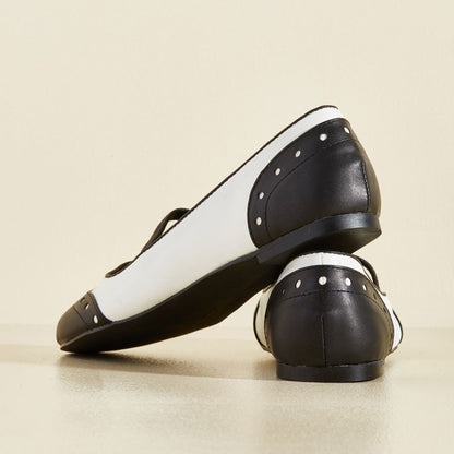 Black & White Wingtip Inspired Round Toe Flats with Elastic Strap