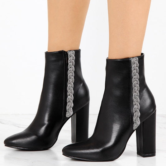 Women's Black Round Toe Rhinestone Braided Strap Heeled Ankle Boots