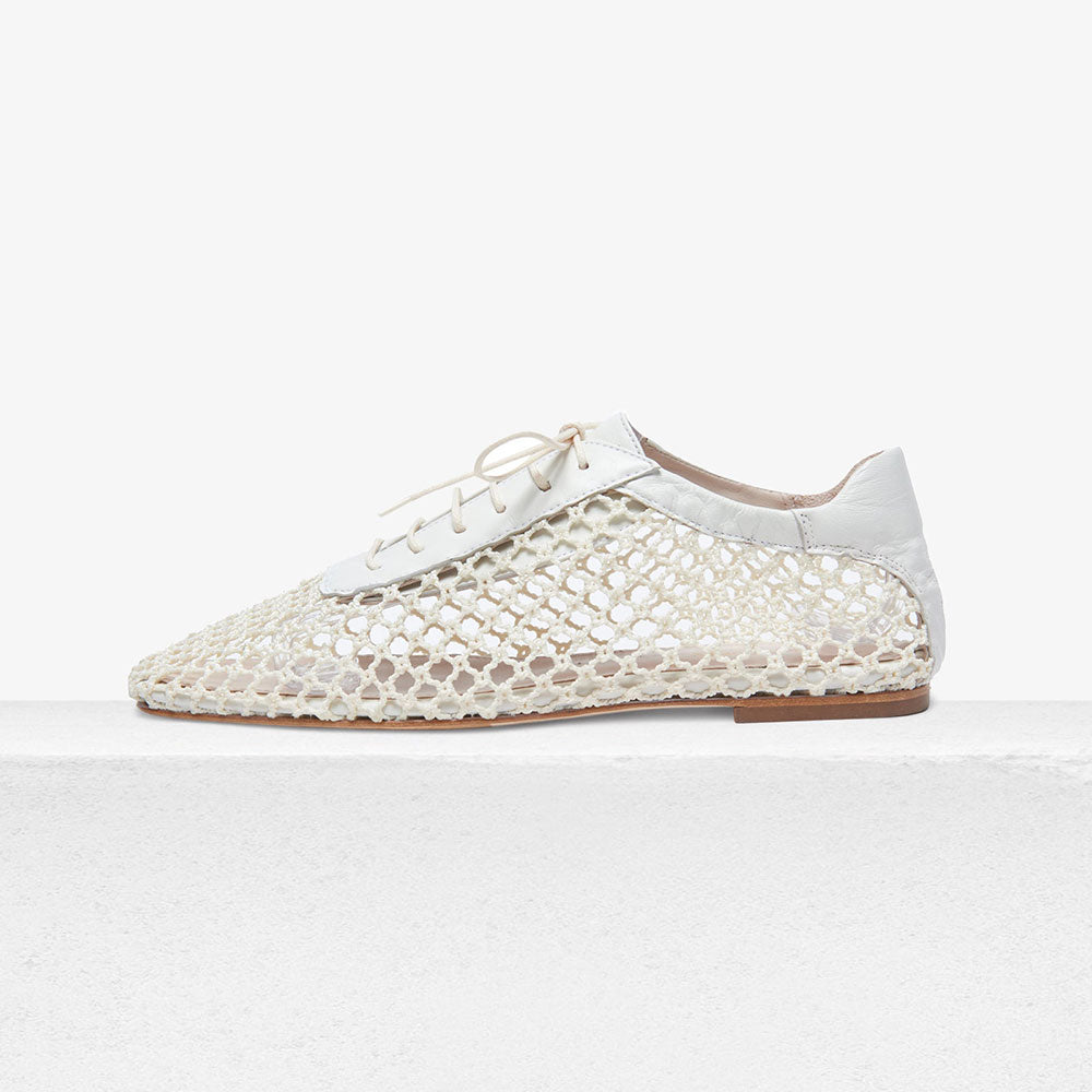 White Mesh Square Toe Woven Lace-Up Flat Shoes foe Women