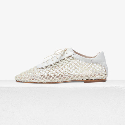 White Mesh Square Toe Woven Lace-Up Flat Shoes foe Women