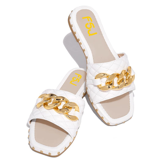 White Sewed Flat Mules Square Toe Chain Buckle Stud Slides