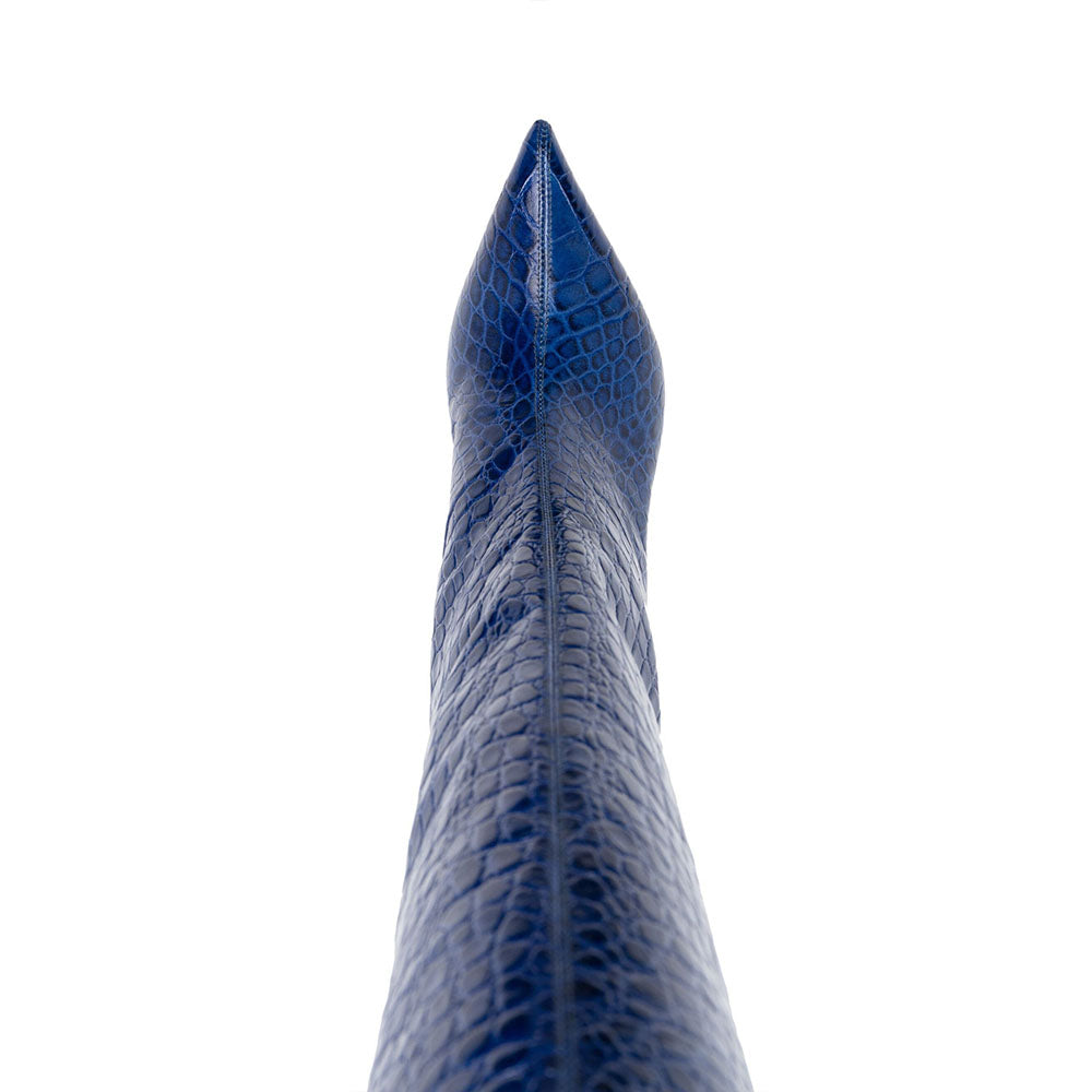 Cobalt Blue Pointy Croco Embossed Knee High Boots with Stiletto Heel