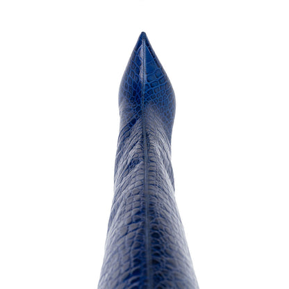 Cobalt Blue Pointy Croco Embossed Knee High Boots with Stiletto Heel