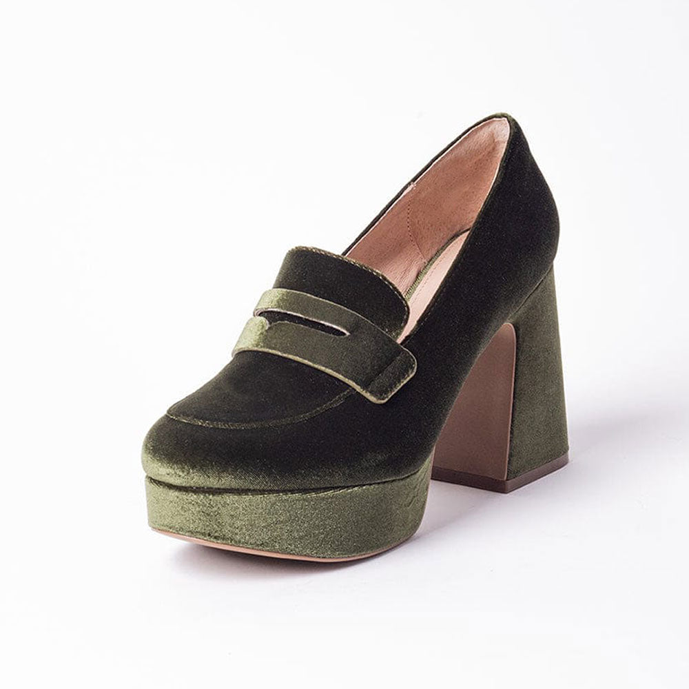 FSJ Olive Velvet Round Toe Block Heeled Loafers with Platform