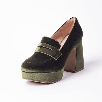 FSJ Olive Velvet Round Toe Block Heeled Loafers with Platform
